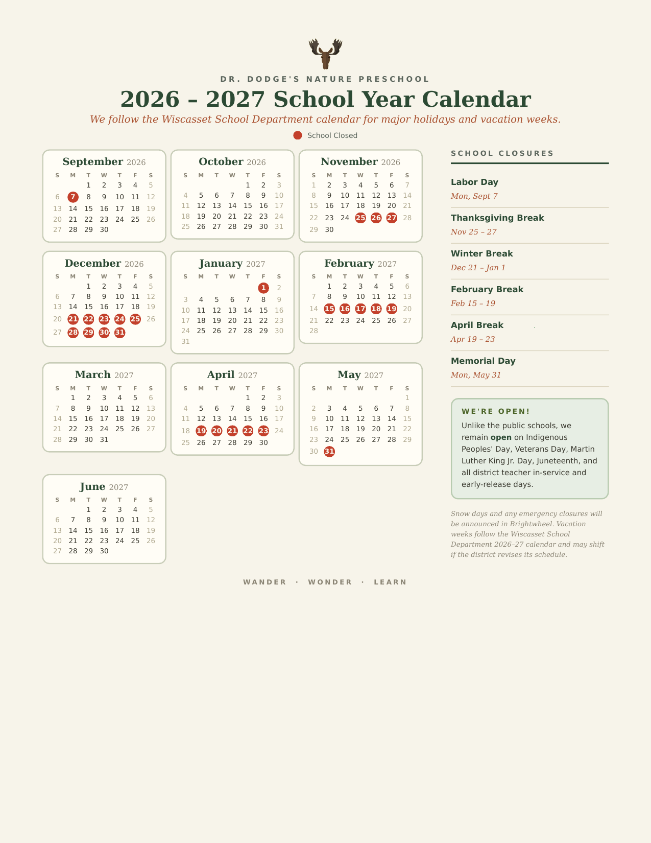 Dr. Dodge's Nature Preschool 2026–2027 school year calendar showing closure dates