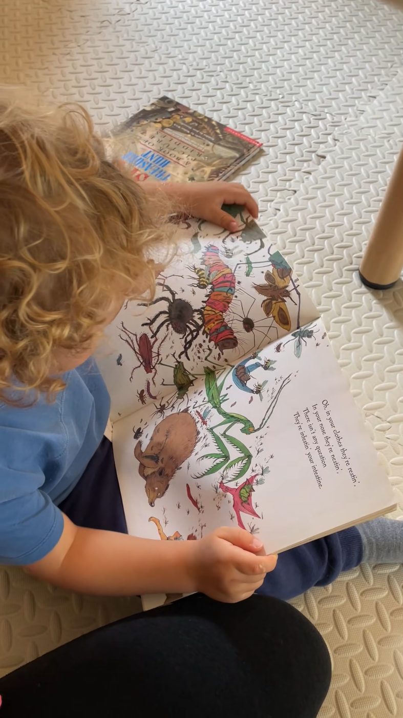 A child pores over an illustrated bug book on the classroom floor